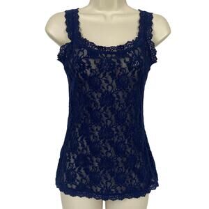 Vtg Hanky Panky Tank Top Women Small Navy Blue Lace Floral Sheer Stretch USA Y2K